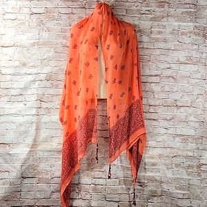 Lucky Brand Elephant Print Crochet Wood Beaded Scarf 70” x 27" Coral & Burgundy
